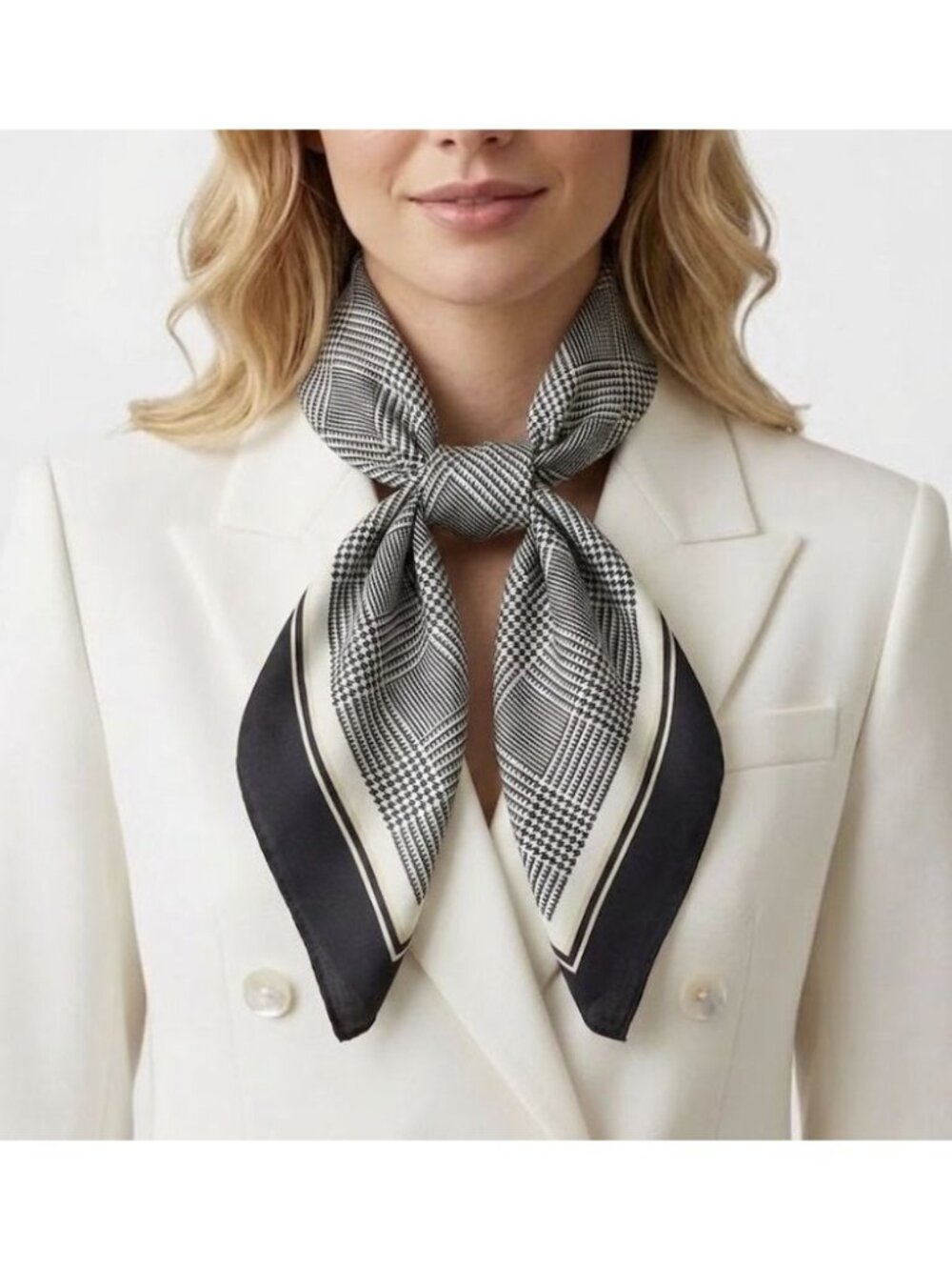Elegant Bandana Square Scarf Silky Satin Soft BLACK Beige Hounds Tooth hijab New